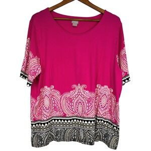 Chicos Size 4 (XXL) Pink Paisley Print Short Sleeve Tunic Top Women Liquid Knit